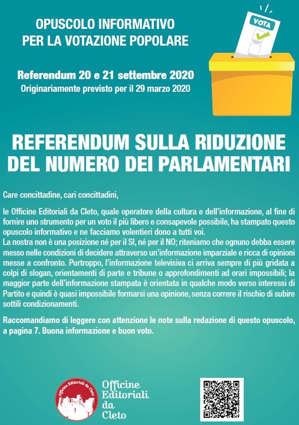 opuscolo informativo per la votazione popolare - referendum per la riduzione dei Parlamentari del 20 e 21 settembre 2020