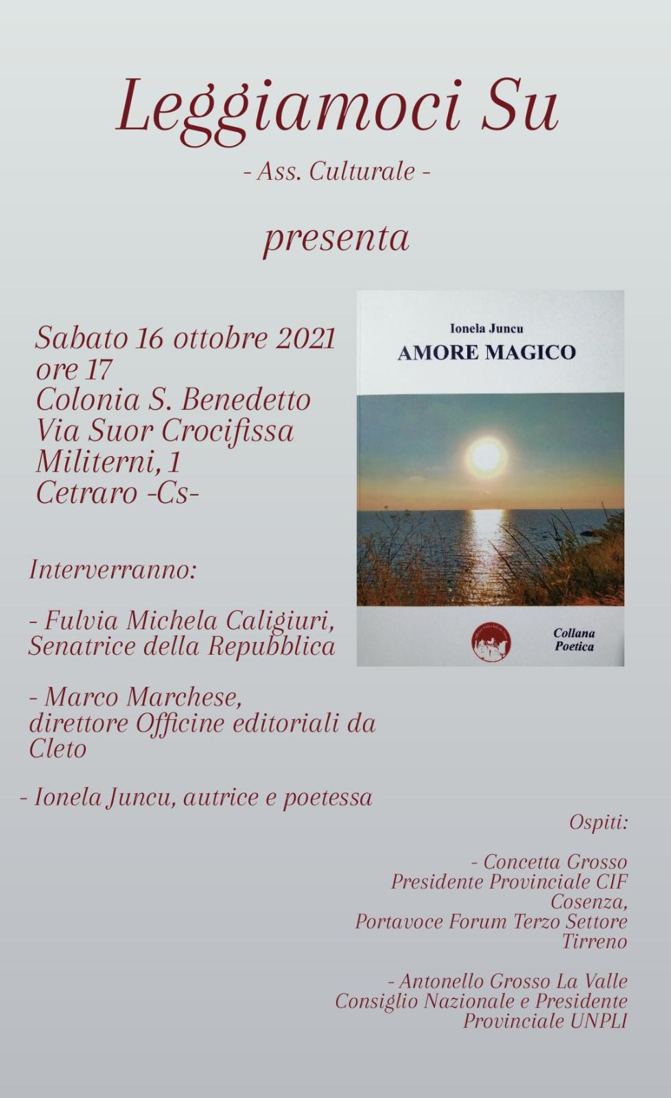 La locandina della presentazione del libro AMORE MAGICO di Ionela Juncu