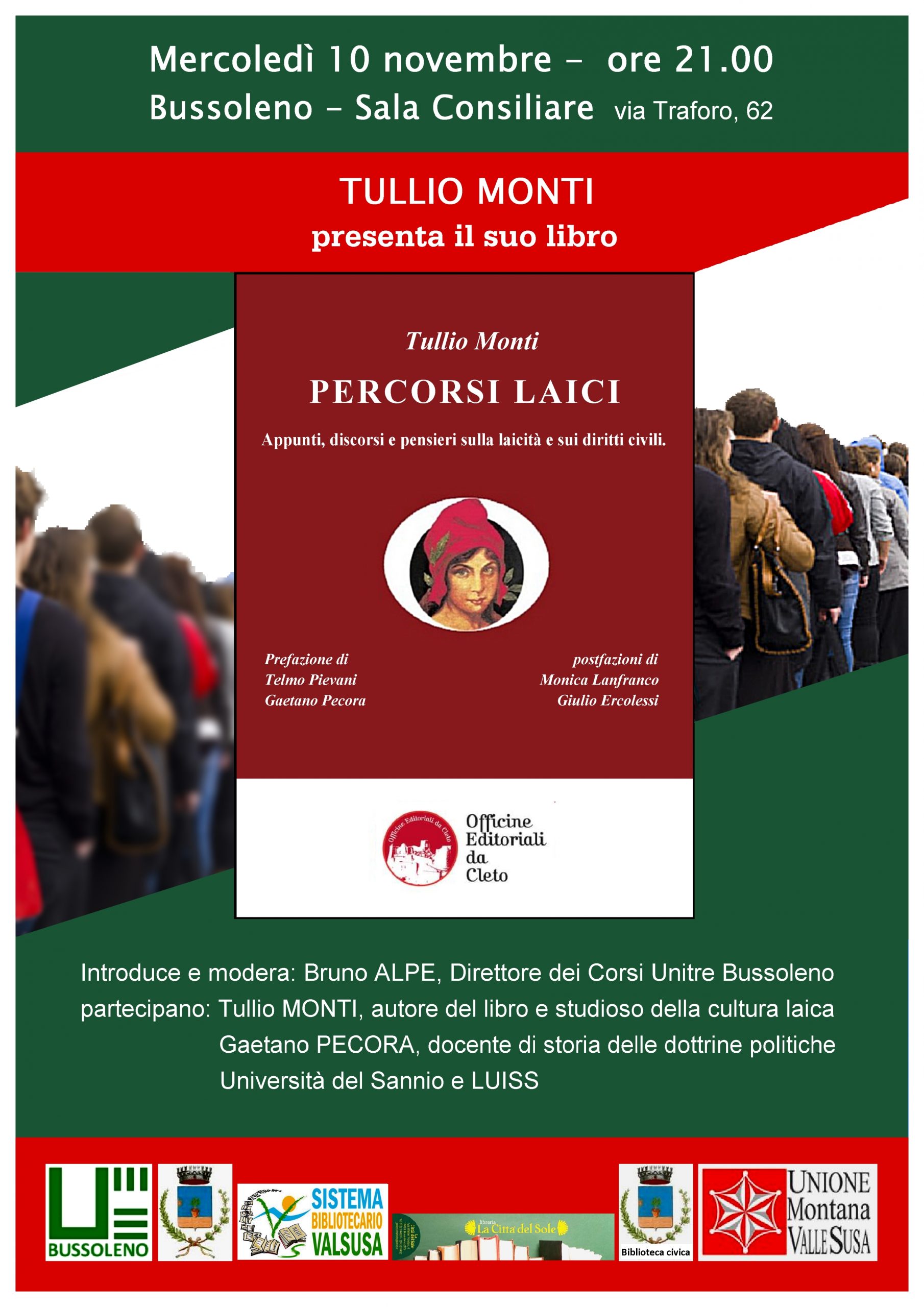 La locandina della presentazione del libro di Tullio Monti dal titolo Percorsi laici del 10 novembre 2021