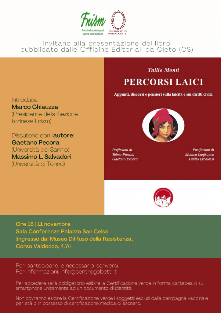 La locandina della presentazione del libro PERCORSI LAICI di Tullio Monti, Torino, 11 novembre 2021