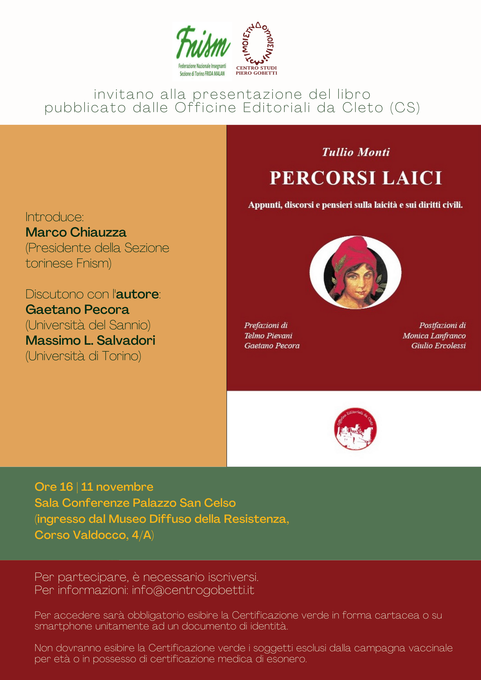 La locandina della presentazione del libro PERCORSI LAICI di Tullio Monti, Torino, 11 novembre 2021