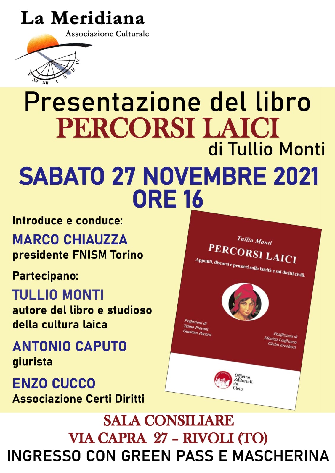La locandina della presentazione del libro di Tullio Monti del 27 novembre 2021 a Rivoli (TO)