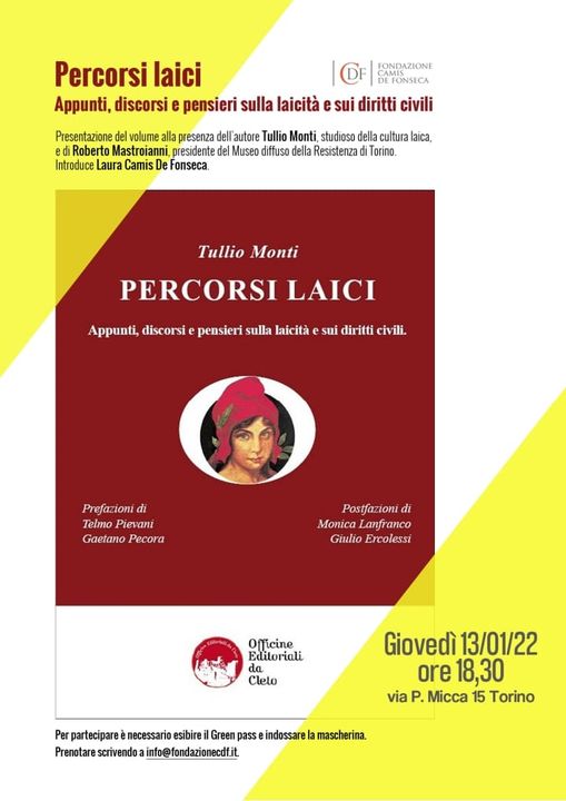 La locandina della presentazione del libro PERCORSI LAICI, di Tullio Monti, a Torino del 13 gennaio 2022