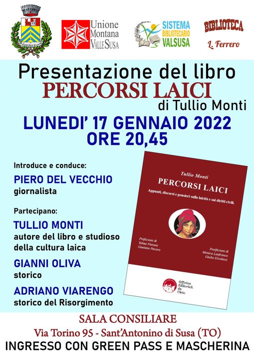 La locandina della presentazione del libro di Tullio Monti dal titolo PERCORSI LAICI a Sant'Antonino di Susa (TO) del 17 gennaio 2022