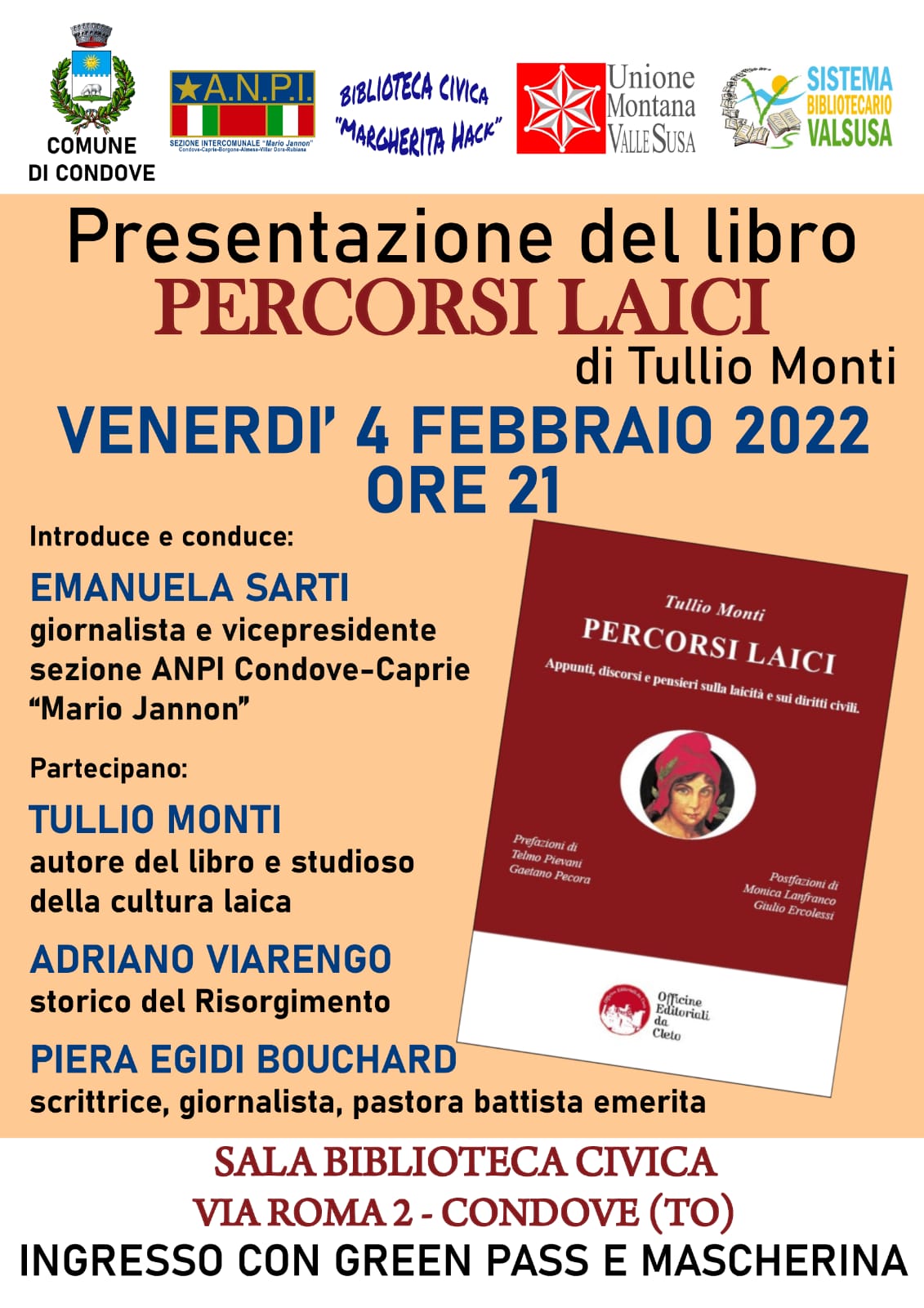 La locandina della presentazione del libro dal titolo PERCORSI LAICI a Condove