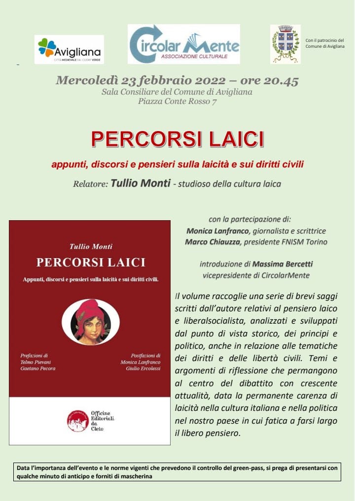 La locandina della presentazione del libro PERCORSI LAICI di Tullio Monti che si terrà ad Avigliana (TO)