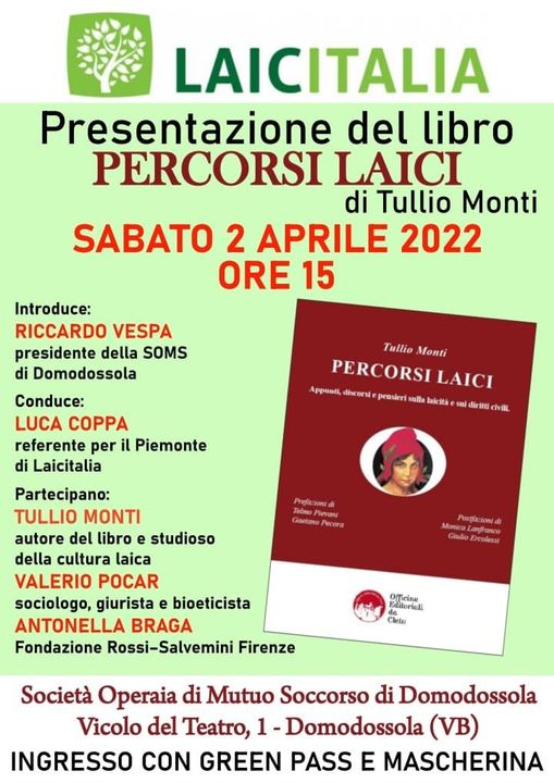 La locandina della presentazione del libro di Tullio Monti dal titolo Percorsi Laici di Domodossola