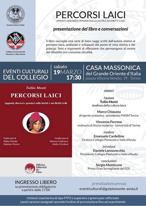 La locandina della presentazione del libro di Tullio Monti, PERCORSI LAICI, a Torino del 19 marzo 2022 presso il GOI