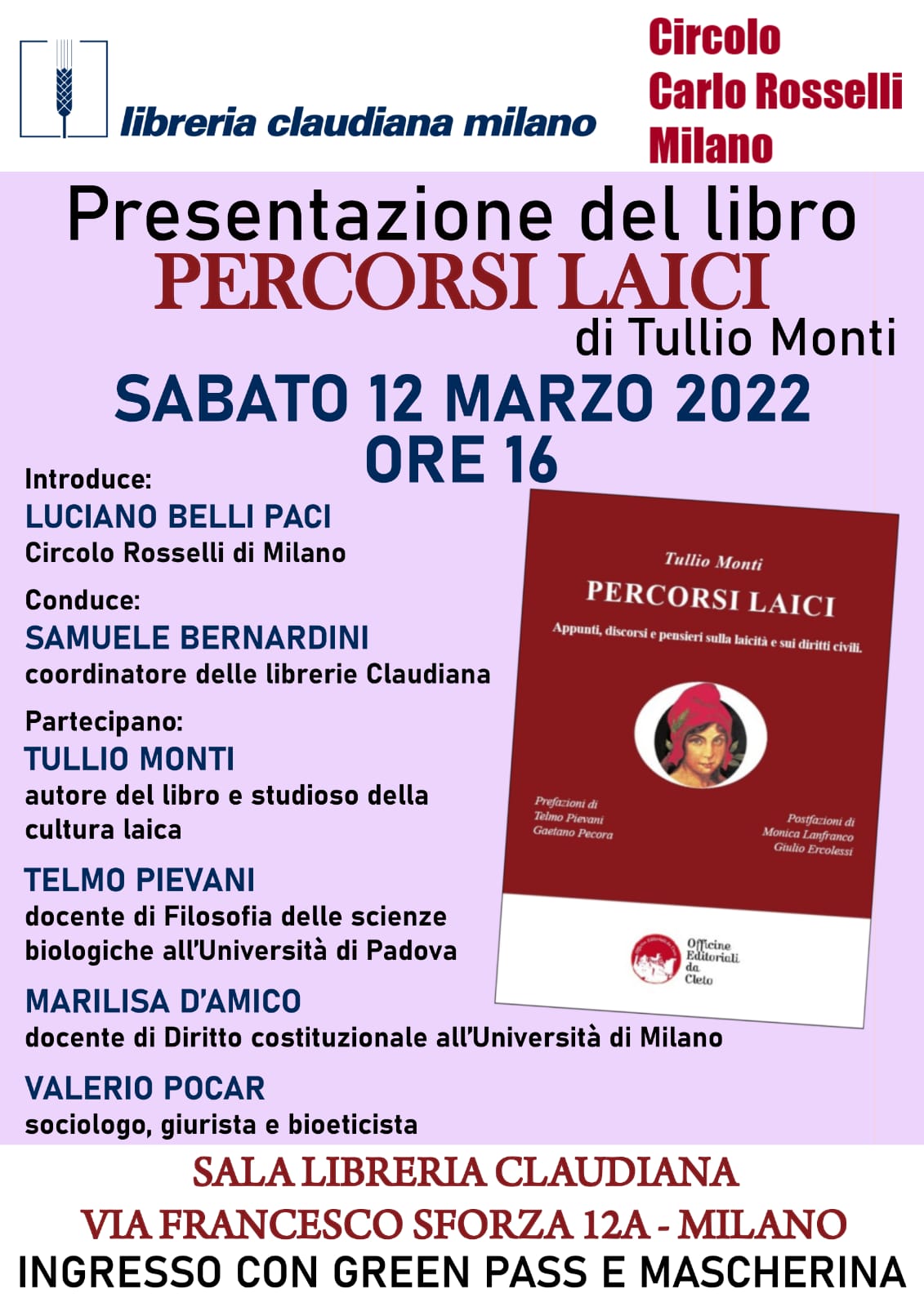 La locandina della presentazione del libro PERCORSI LAICI di Milano