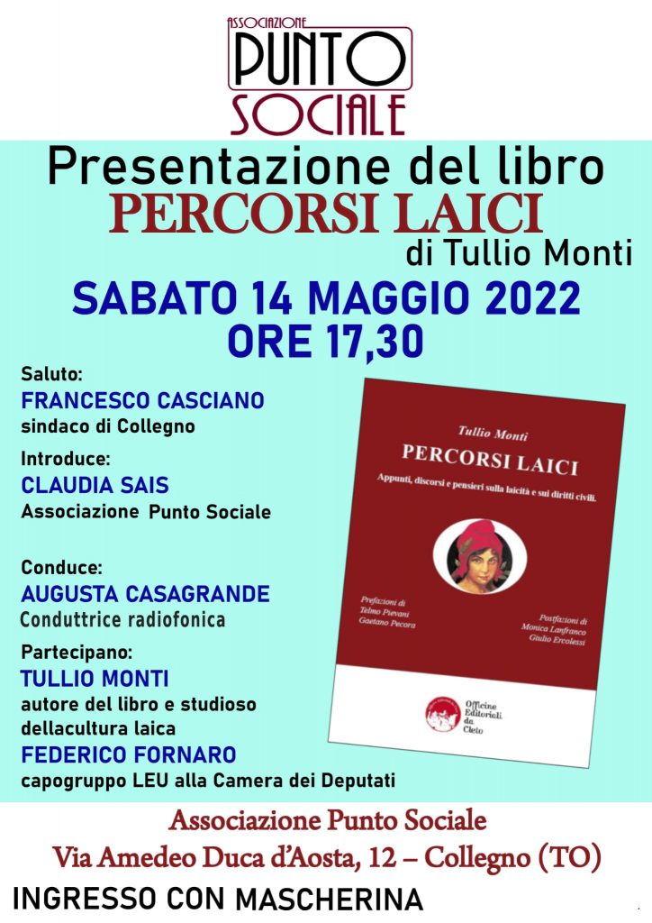 La locandina della presentazione del libro PERCORSI LAICI, di Tullio Monti, di Collegno del 14 maggio 2022