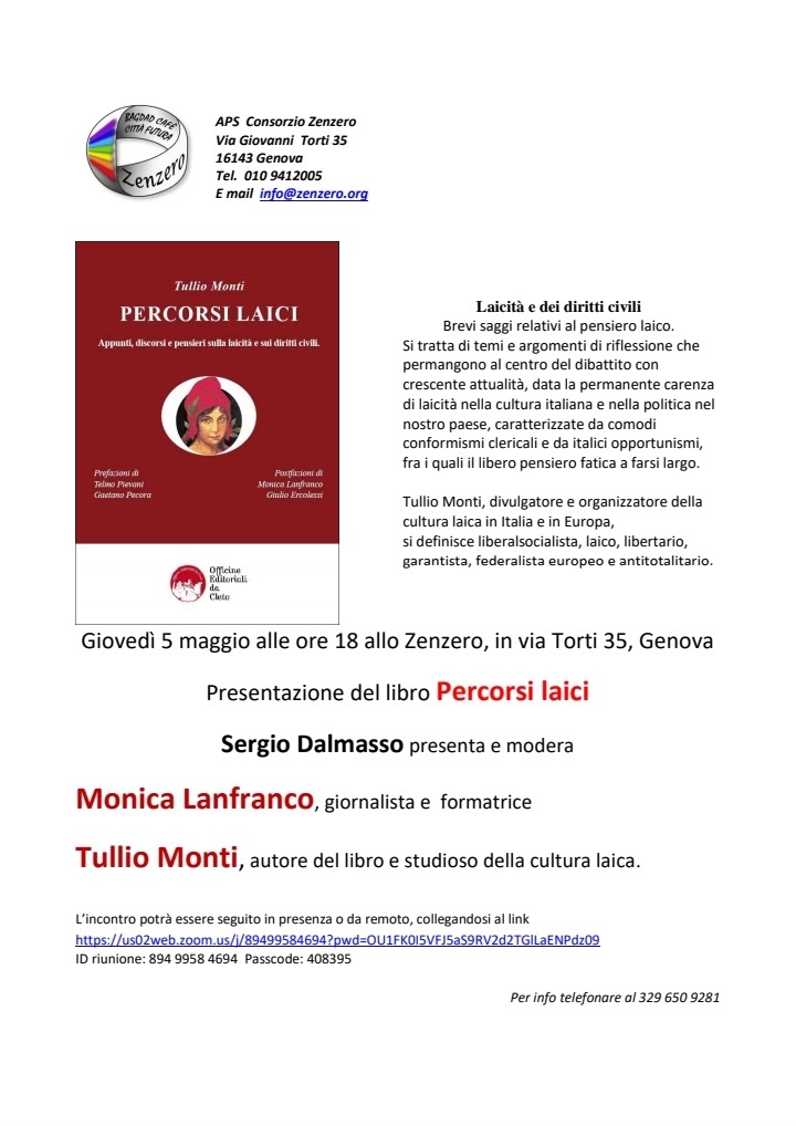 La locandina della presentazione del libro PERCORSI LAICI, di Tullio Monti, di Genova del 5 maggio 2022