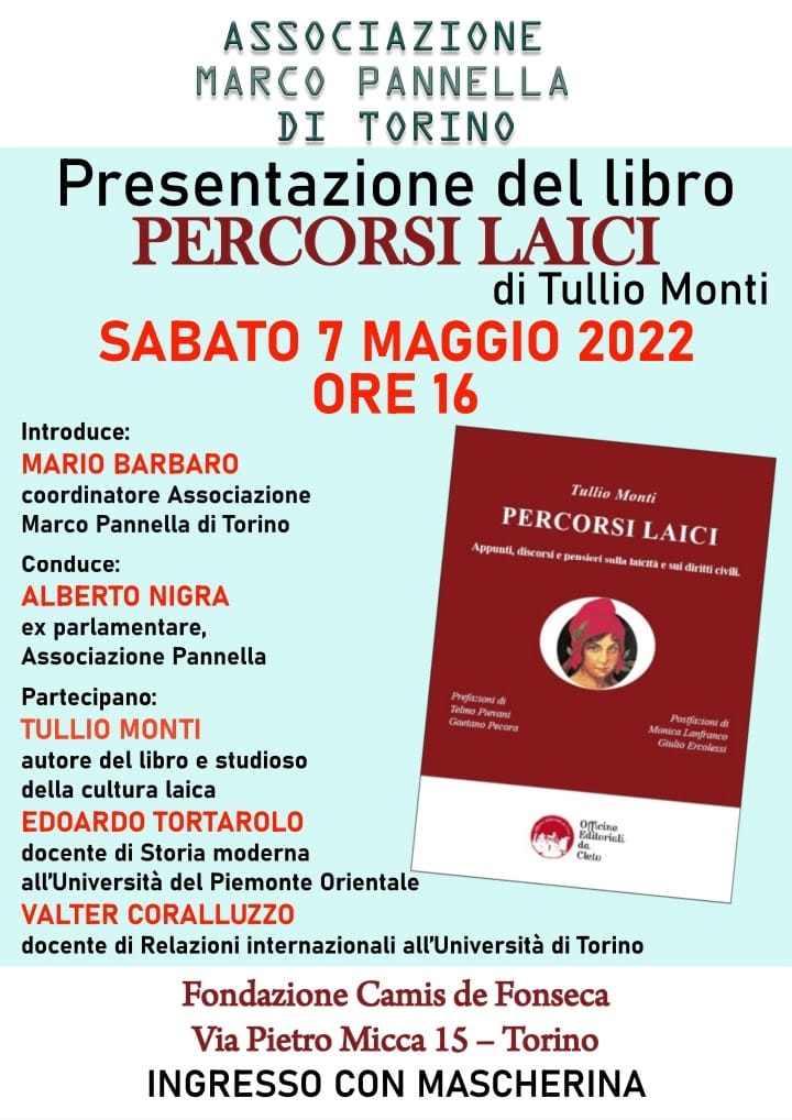 La locandina della presentazione del libro PERCORSI LAICI, di Tullio Monti, di Torino del 7 maggio 2022