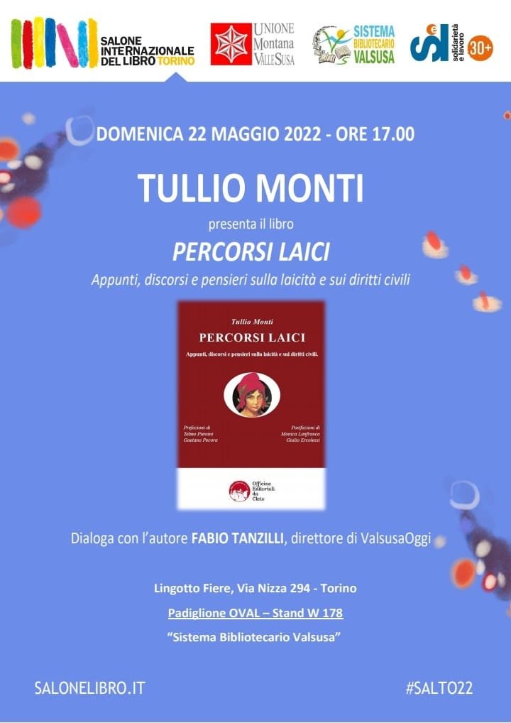 La locandina della presentazione del libro PERCORSI LAICI, di Tullio Monti, che si terrà a Torino il 22 maggio 2022