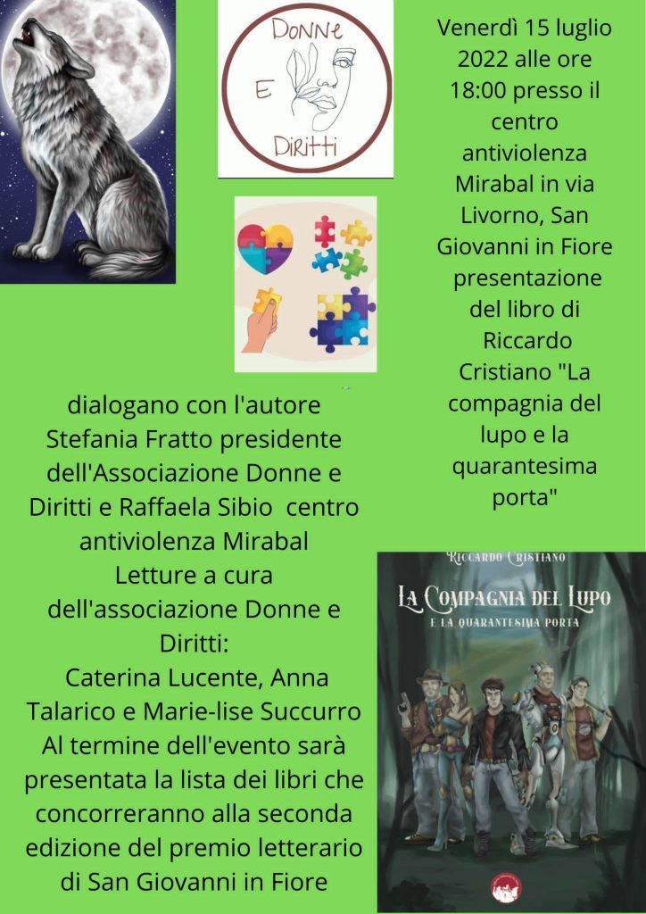 La locandina della presentazione del libro dal titolo LA COMPAGNIA DEL LUPO E LA QUARANTESIMA PORTA del 15 luglio 2022