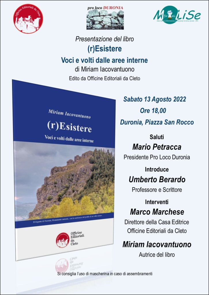 La locandina della presentazione del libro di Miriam Iacovantuono dal titolo (r)Esistere, che si terrà a Duronia (CB)