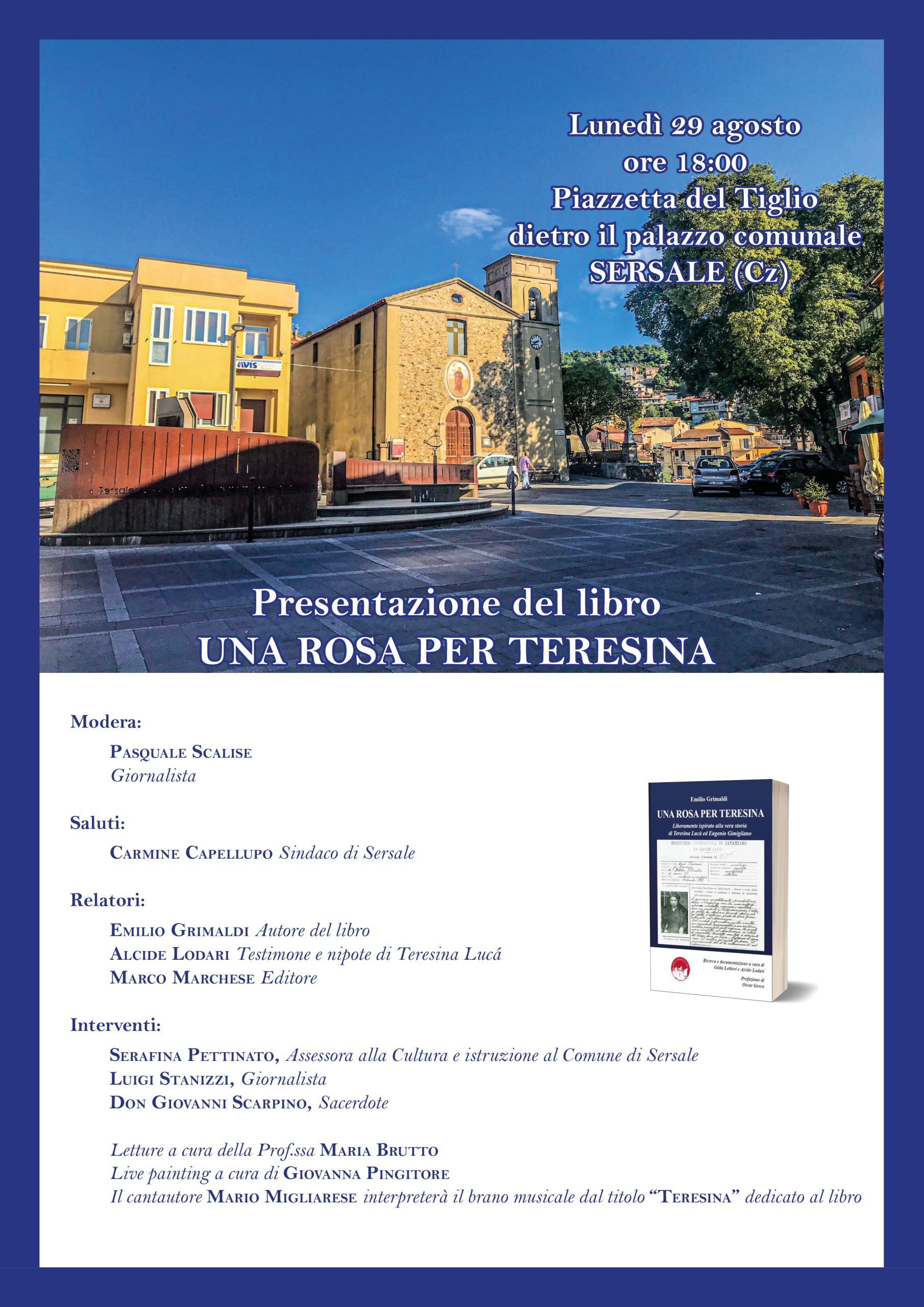 La locandina della presentazione del libro dal titolo UNA ROSA PER TERESINA di Sersale del 29 agosto 2022