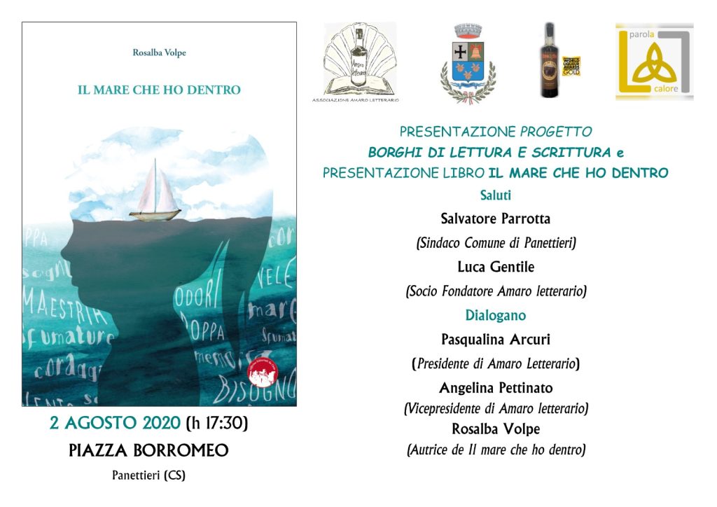 La locandina della presentazione del libro di Rosalba Volpe dal titolo IL MARE CHE HO DENTRO, del 2 agosto 2022 a Panettieri (CS)