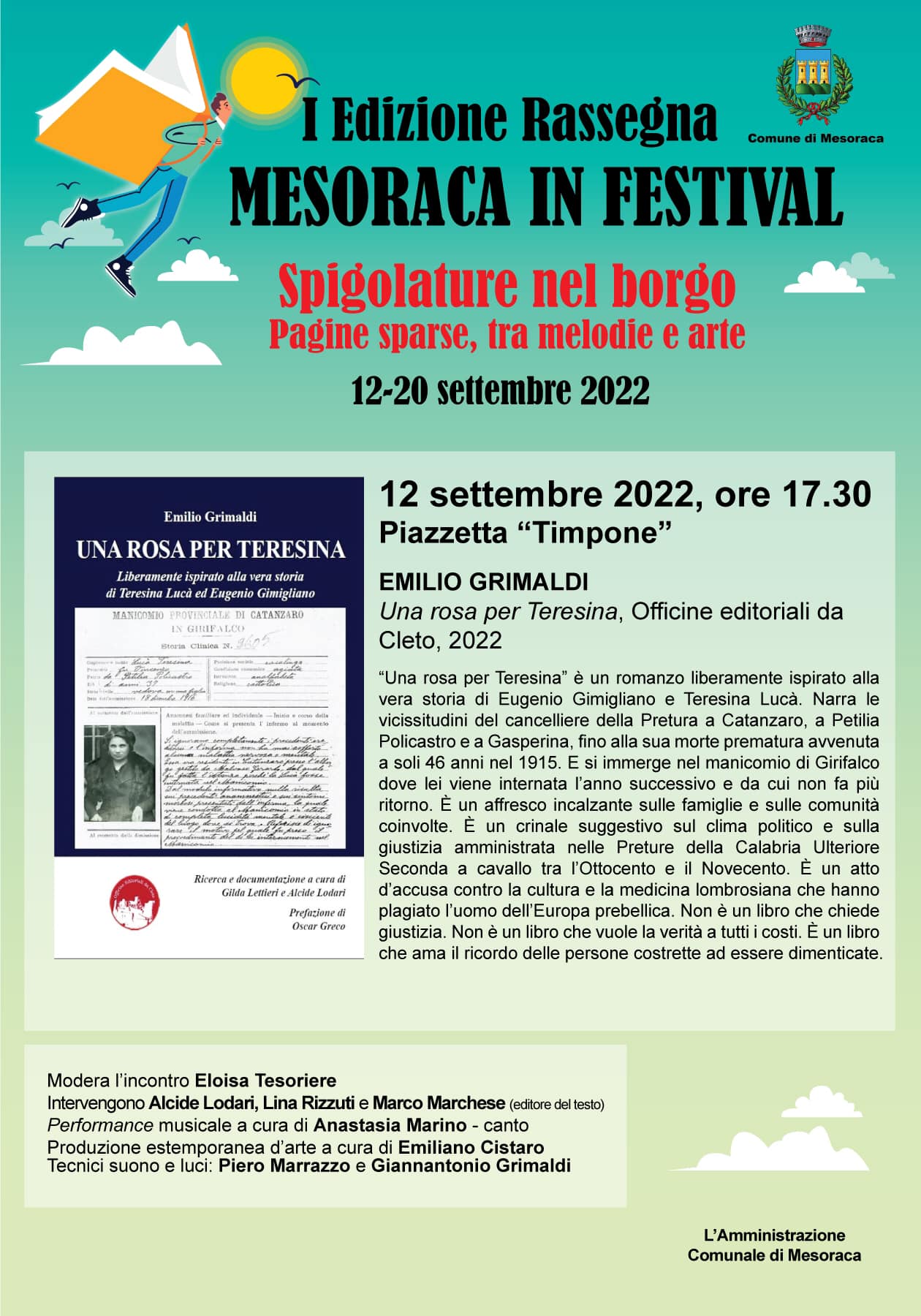 La locandina della presentazione del libro di Emilio Grimaldi dal titolo UNA ROSA PER TERESINA di Mesoraca del 12 settembre 2022