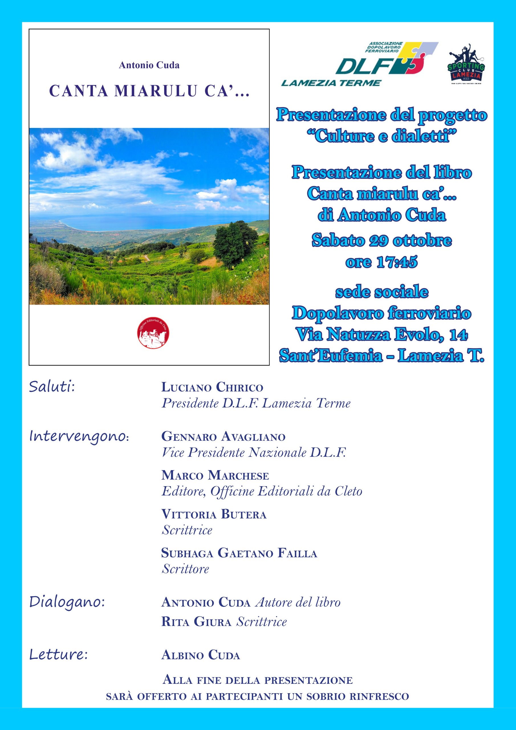 La Locandina della presentazione del libro di Antonio Cuda dal titolo CANTA MIARULU CA'... di Lamezia Terme del 29 ottobre 2022