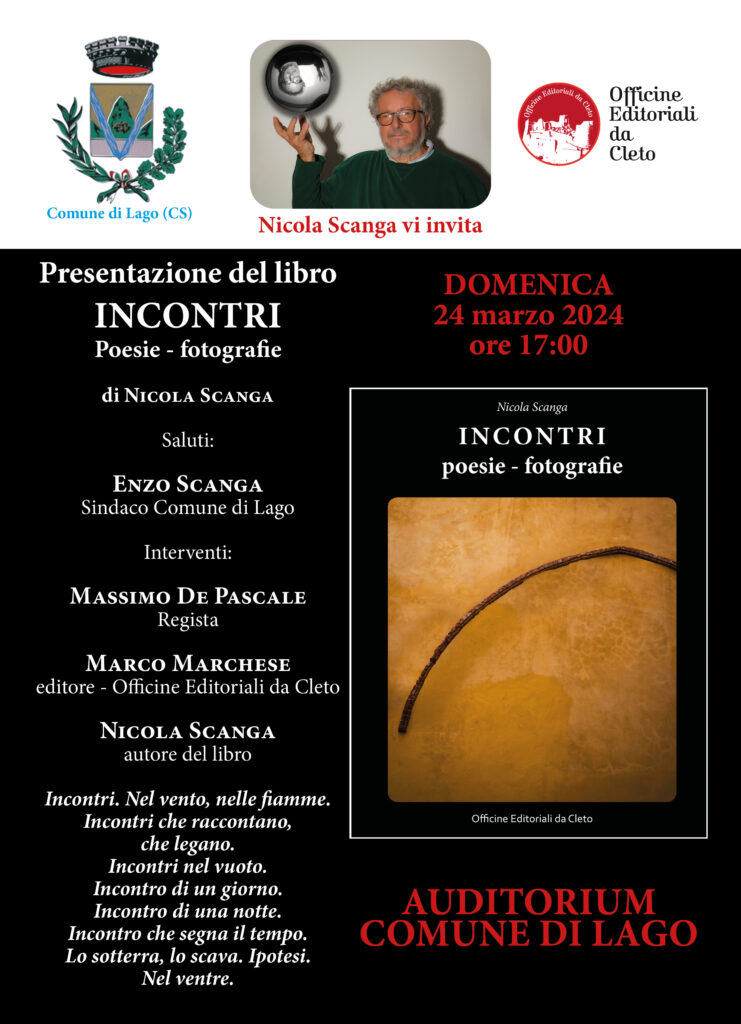 La locandina della presentazione del libro dal titolo INCONTRI di Nicola Scanga di Lago del 23 marzo 2024