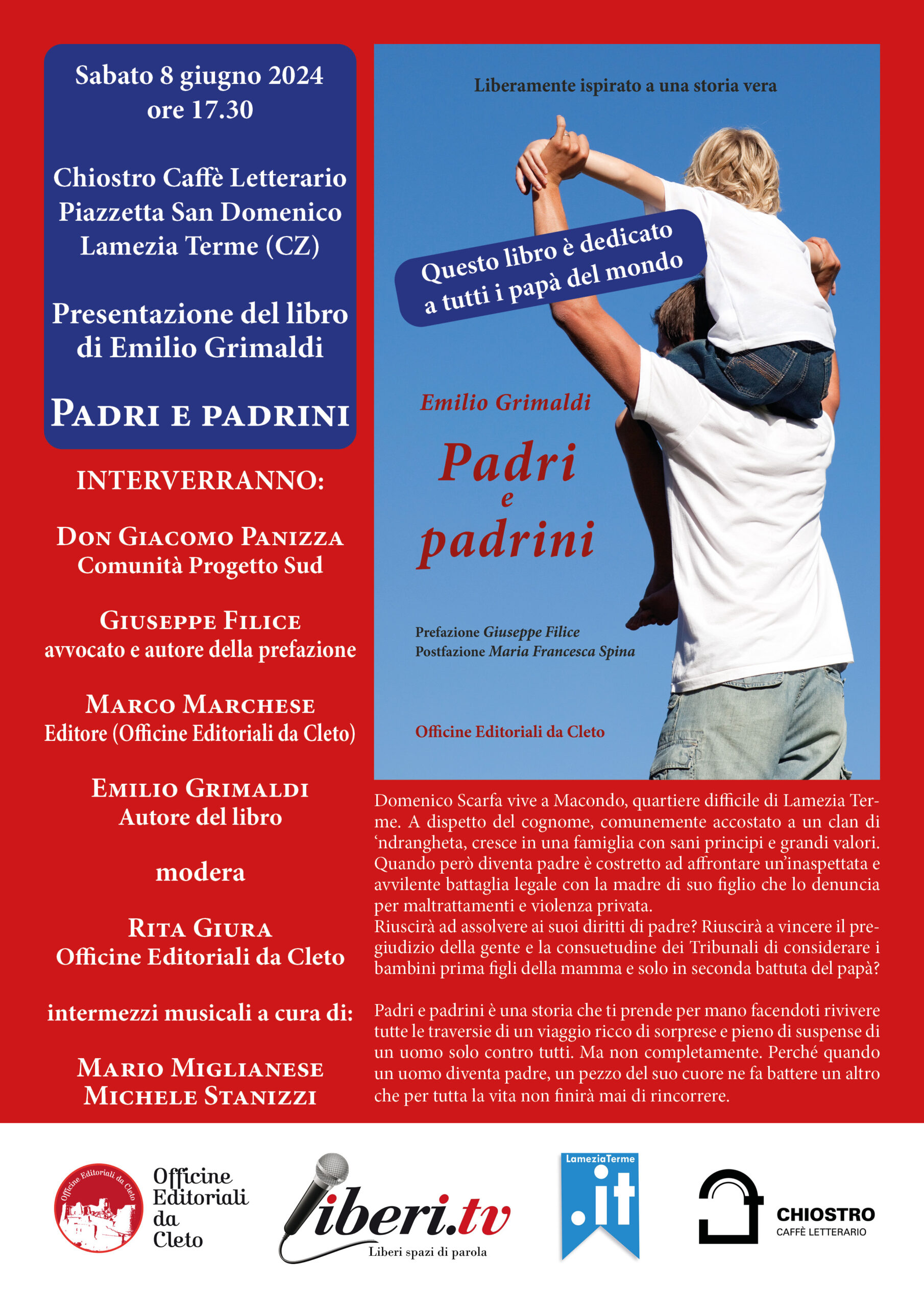 La locandina della presentazione del libro dal titolo Padri e padrini di Emilio Grimaldi