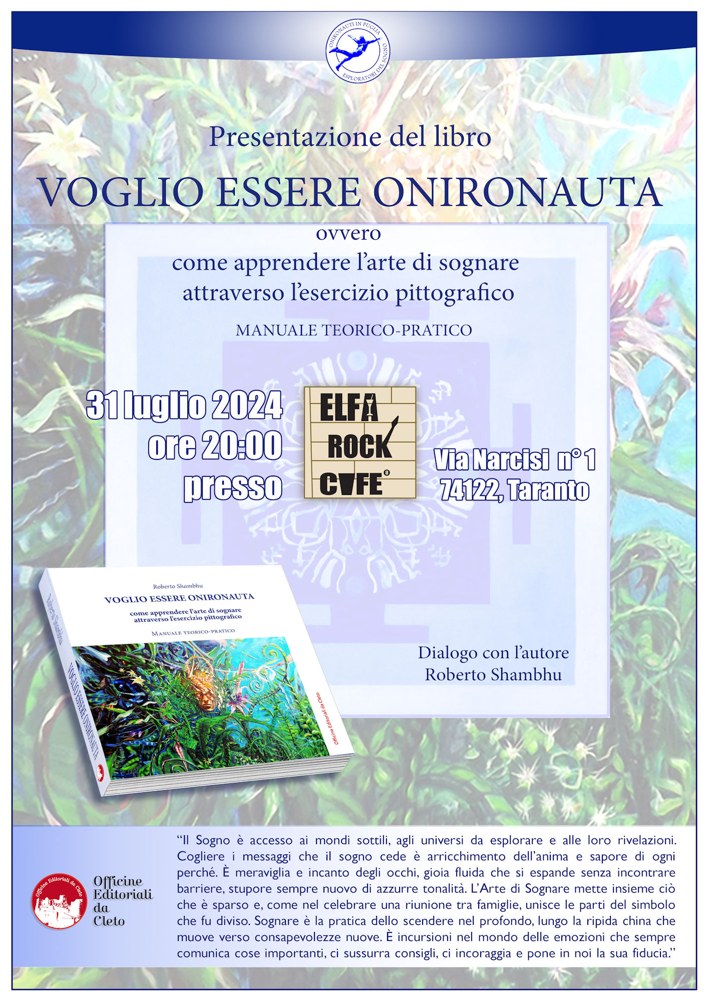 La locandina della presentazione a Taranto del libro VOGLIO ESSERE ONIRONAUTA